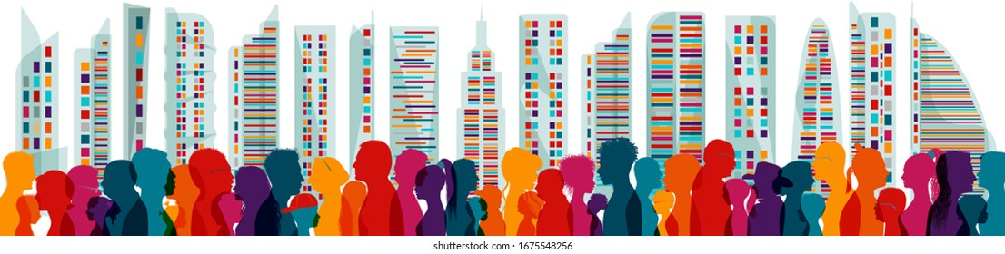 Diversity people. Population. Different multiethnic people of different ages. Groups of families. Crowd. Communication. Dialogue. Sharing among many multiracial people. Speak. Crowding