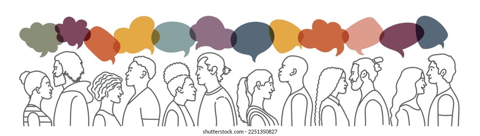 Diversidad de personas en perfil. Burbuja del discurso. Ilustración vectorial dibujada a mano.