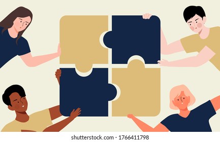 Diversity People putting Puzzle pieces together vector illustration. Multiethnic Teamwork, partnership, cooperation and collaboration concept