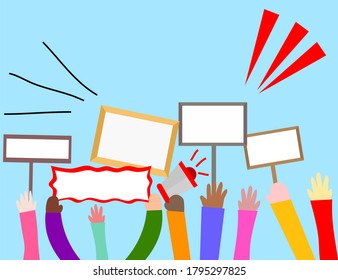 Diversity people raised hands.Democracy concept.People holding banners.The crowd is protesting.Politics has a great effect on the economy.Black Lives Matter illustration.