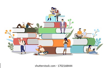 Diversity people readers male and female characters reading books while sitting on book pile, vector flat illustration. Literary festival concept for web banner, website page etc.