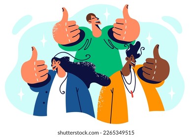 Diversity people showing thumbs up as sign of friendship and approval of multiethnic society. Multiracial friends rejoice in education teaching together and approve of ethnic diversity 