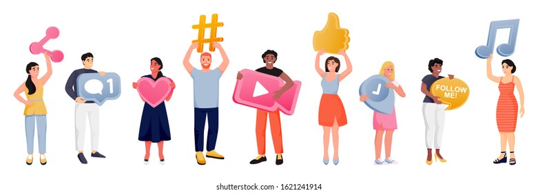 Diversity People With Social Media Network Symbols. Vector Flat Cartoon Illustration, Isolated On White Background. Men And Women With Hashtag, Map Pin, Chat Message, Like And Follow Me Icons