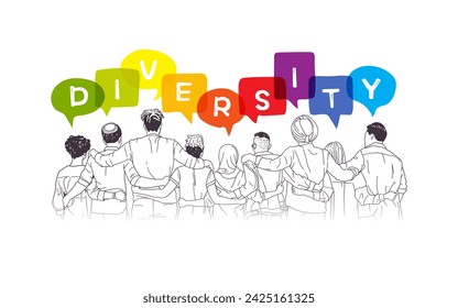 Diversity people with speech bubbles. Hand drawn sketch vector illustration.