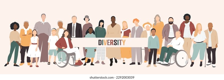 Diversity. People stand side by side together. Flat vector illustration.