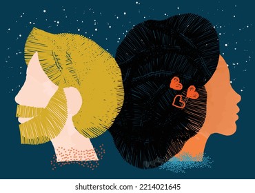 diversity people - straight interracial  couple -  white face man and blonde hair - latin face woman and black hair - back to back
