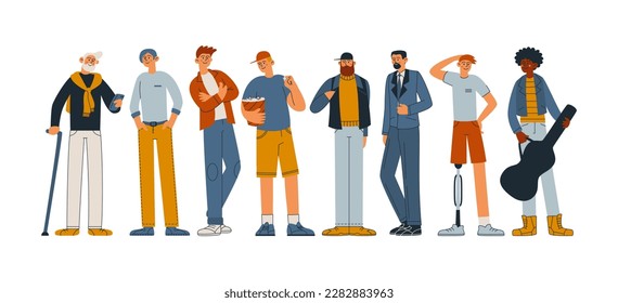 Diversity of people. Vector men of different ages, nationalities, physiques, clothes, hairstyles. Inclusion. Vector flat line illustration