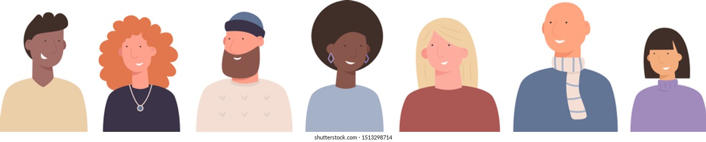 Diversity people vector portrait set. Hand drawn flat characters - men and women. Male and female avatars. Different ethnicities and fashion styles. Humanity, mankind, fraternity, community concept.