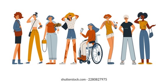 Diversity of people. Vector women of various ages, nationalities, physiques, clothes, hairstyles. Inclusion. Vector flat line illustration