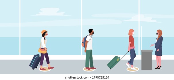 Diversity people (wear face mask) queuing at airport and keep social distancing. New normal Travel after Covid   coronavirus lockdown. Flat vector illustration.