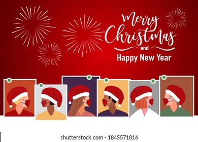 Diversity people wearing red mask and Santa hat on red background with fireworks, Merry Christmas and happy new year . New normal party online keep social distancing. Flat vector illustration.