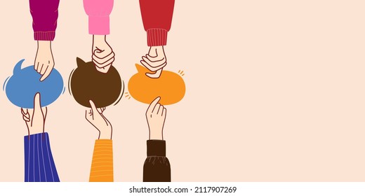 Diversity People Who Exchange Information And Concept Of Sharing And Exchange. Arms And Hands Holding Speech Bubble. Agreement Or Affair Between A Group Of Colleagues Or Collaborators. Banner