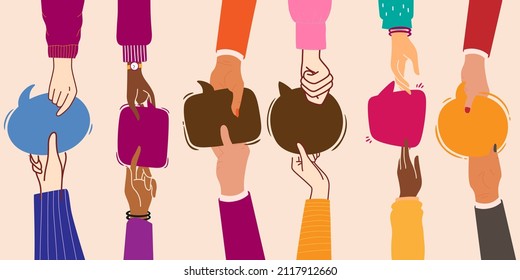 Diversity People who exchange information and Community. Arms and hands holding speech bubble. Agreement or affair between a group of colleagues or collaborators. Concept of sharing and exchange.