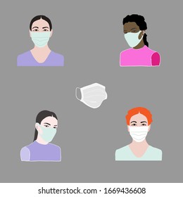 Diversity people, women wearing medical masks on grey background. protection from viruses with raspirator. colorful vector illustration