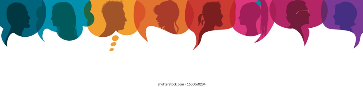 Diversity people.Speech bubble. Crowd talking and inform.Communicate between a group of multiethnic and multicultural people who talk and share ideas. Profile silhouette. Socialize.Blue