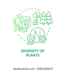 Diversity of plants green gradient concept icon. Different trees. Principle of regenerative farming abstract idea thin line illustration. Isolated outline drawing. Myriad Pro-Bold font used