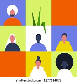 Diversity in portraits. International community of millennials. Teamwork. Modern people. Collage. Copyspace. Template. Vector illustration flat web design.