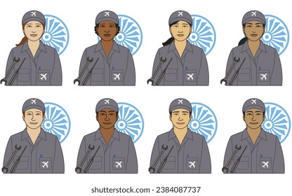 diversity, race, ethnicity of aircraft mechanic vector icons male and female, in coveralls with engine and tools, isolated on a white background