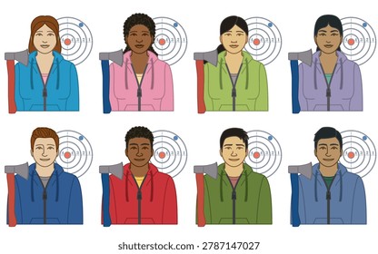 diversity, race, ethnicity of axe thrower vector icons, male and female, with axe and target, isolated on a white background