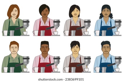 diversity, race, ethnicity of barista server vector icons, male and female, wearing apron, with coffee cups and espresso maker isolated on a white background