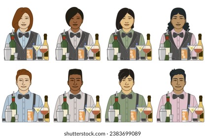 diversidad, raza, origen étnico de los iconos vectoriales del servidor barman, macho y hembra, con botellas de vino, bebidas y agitador aislados en fondo blanco