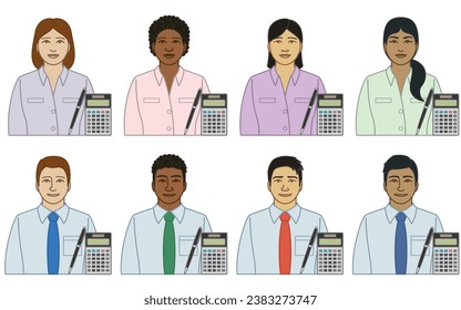 diversity, race, ethnicity of business accountant or bookkeeper vector icons, male and female, with pen and calculator, isolated on a white background