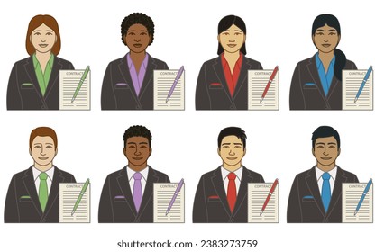 diversity, race, ethnicity of business lawyer vector icons, male and female, with contract and pen, isolated on a white background