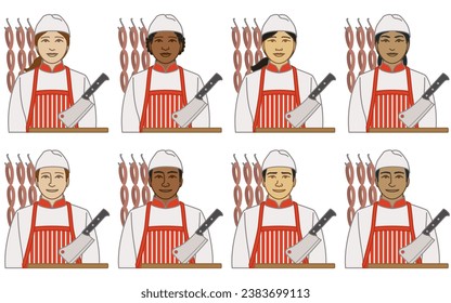 diversity, race, ethnicity of butcher vector icons, male and female, with sausage links and cleaver, isolated on a white background