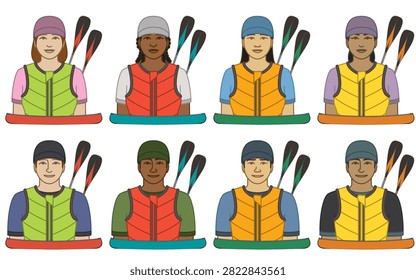 diversity, race, ethnicity of canoeist vector icons, male and female, wearing hat and life jacket, with canoe and single-blade paddle, isolated on a white background