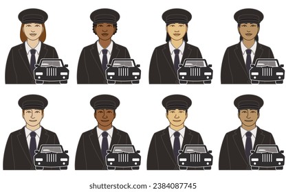 diversity, race, ethnicity of chauffeur and chauffeuse vector icons male and female, wearing suit and hat with limousine icon, isolated on a white background