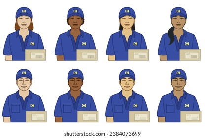 diversidad, raza, etnia de iconos de vectores de mensajería, masculino y femenino, con paquete, aislado en fondo blanco
