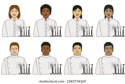 diversity, race, ethnicity of dentist, orthodontist vector icons, male and female, with dental equipment, isolated on a white background