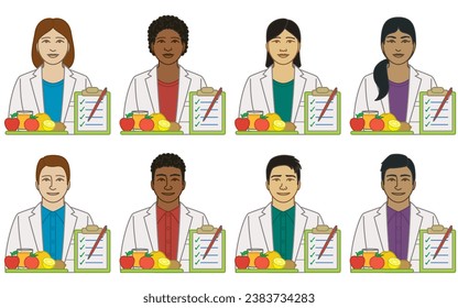 diversity, race, ethnicity of dietician or nutritionist vector icons, male and female, with food and clip board, isolated on a white background