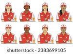 diversity, race, ethnicity of fast food server vector icons, male and female, in uniform with food and drinks on tray, isolated on a white background