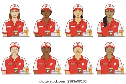 diversity, race, ethnicity of fast food server vector icons, male and female, in uniform with food and drinks on tray, isolated on a white background