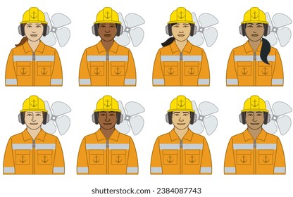 diversity, race, ethnicity of marine crew vector icons male and female, wearing hard hat, orange coveralls and headset with propeller icon, isolated on a white background