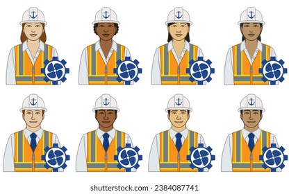 Diversität, Rasse, ethnische Zugehörigkeit von Schiffsingenieuren, Vektorsymbole von männlichen und weiblichen Vektorgrafiken, die einen Hut und eine Sicherheitsweste mit Propellersymbol tragen, einzeln auf weißem Hintergrund