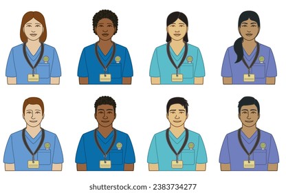 diversity, race, ethnicity of nurse vector icons, male and female, dressed in scrubs, isolated on a white background