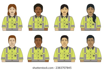 diversity, race, ethnicity of paramedic vector icons, male and female, in uniform, isolated on a white background