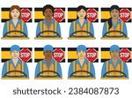 diversity, race, ethnicity of school bus driver vector icons male and female, wearing safety vest with steering wheel and flashing light stop sign, isolated on a white background