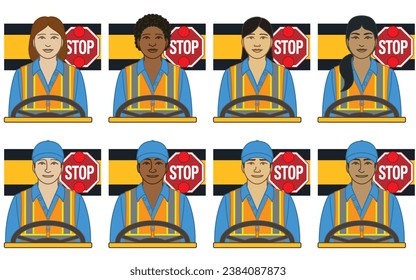 diversity, race, ethnicity of school bus driver vector icons male and female, wearing safety vest with steering wheel and flashing light stop sign, isolated on a white background