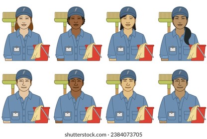 diversity, race, ethnicity of school janitor, custodian, caretaker vector icons, male and female, with broom and bucket, isolated on a white background