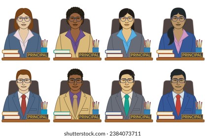 diversity, race, ethnicity of school principal vector icons, male and female, with stack of books on desk, isolated on a white background