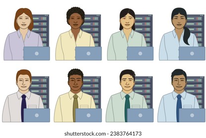 diversidad, raza, origen étnico de los servicios de TI administrador de computadoras iconos vectoriales, hombres y mujeres, con servidores y laptop, aislados en fondo blanco