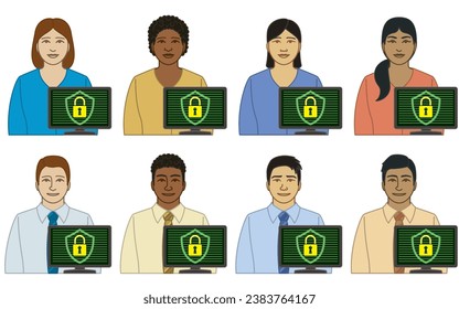 Diversität, ethnische Zugehörigkeit, ethnische Zugehörigkeit von IT-Sicherheitsanalytikern, Vektorsymbole, männlich und weiblich, mit Computerbildschirm, der ein Sicherheitssymbol der Sperre zeigt, einzeln auf weißem Hintergrund