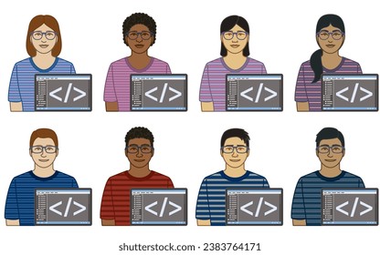 diversity, race, ethnicity of IT services software developer vector icons, male and female, wearing striped shirts and glasses with computer monitor, isolated on a white background