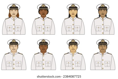 diversity, race, ethnicity of ship captain vector icons male and female, wearing white uniform, cap and epaulets, isolated on a white background