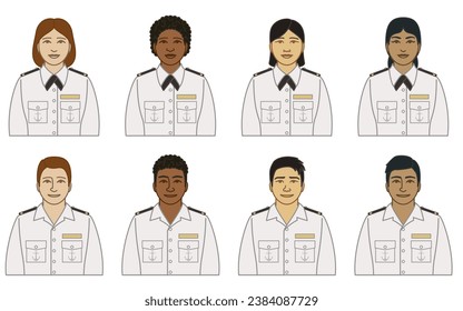 diversity, race, ethnicity of ship steward vector icons male and female, wearing white uniform and epaulets, isolated on a white background