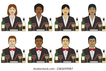 diversity, race, ethnicity of sommelier or wine steward vector icons, male and female, with wine glasses and bottles, isolated on a white background