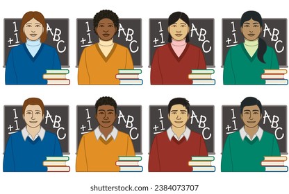 diversity, race, ethnicity of teacher, educator vector icons, male and female, with stack of books and blackboard, isolated on a white background